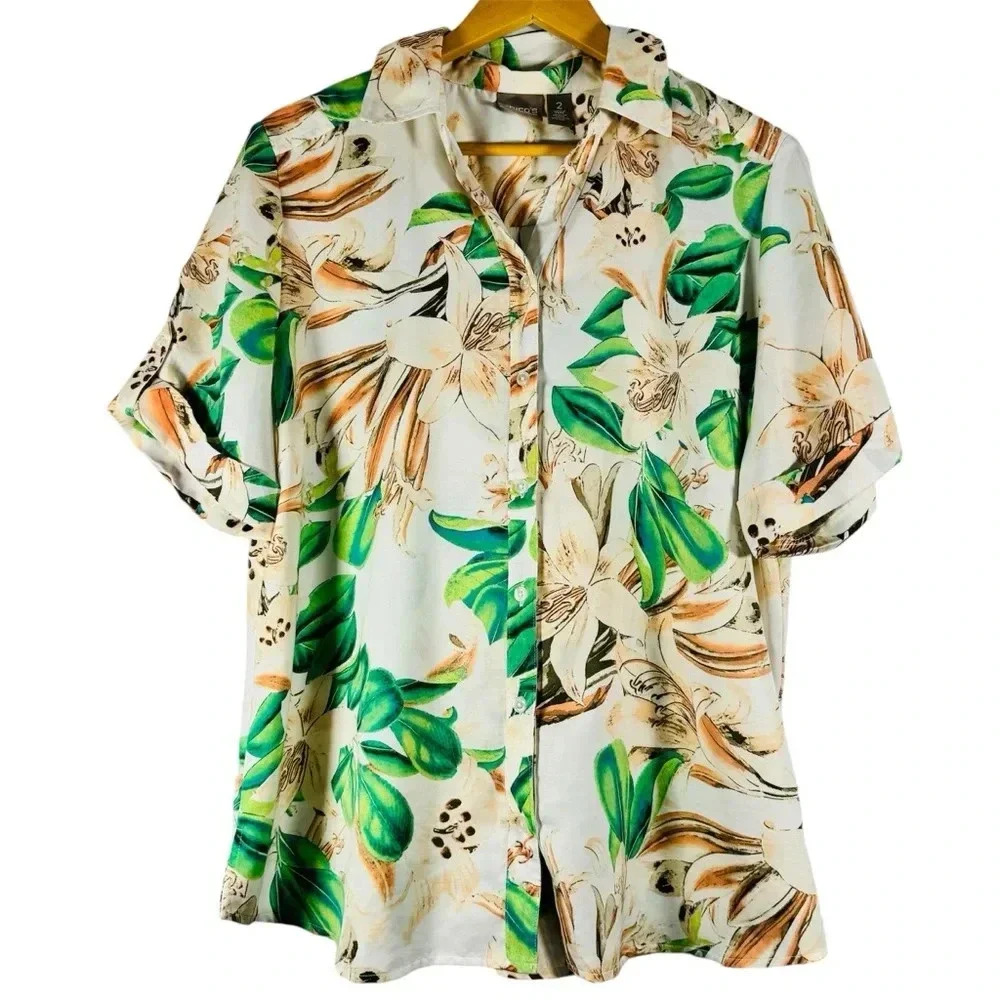 Chico's Blooming Lillies Camp Women's Button Down Short Sleeve Floral Shirt